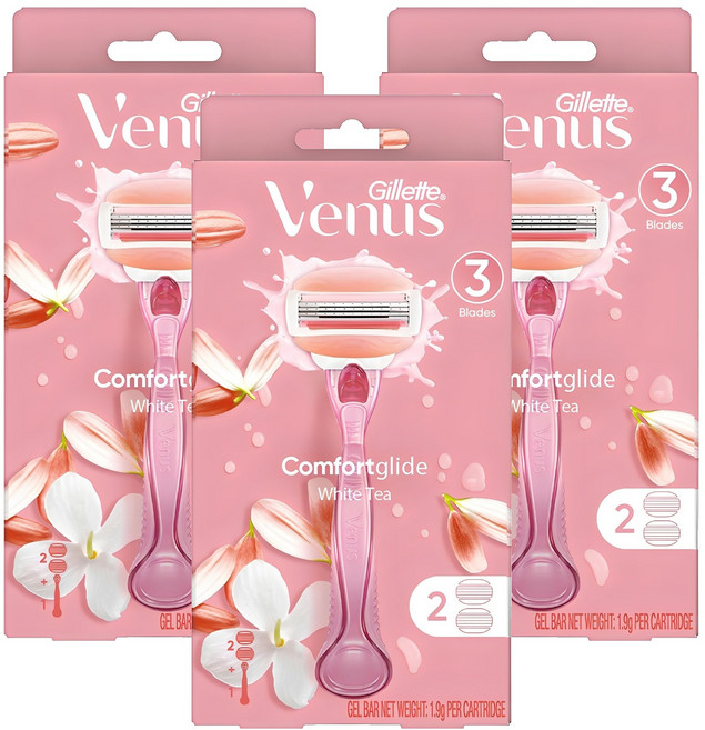 Venus 정품 컴포트 글라이드 화이트티 여성용 면도기 + 면도날 2입, 3개