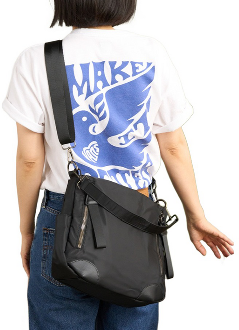 RARA PIEL 女用尼龍輕量拉鍊肩背斜背包 附兩款背帶, 黑色