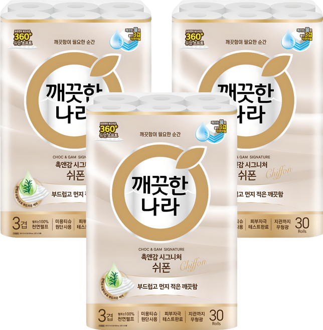 깨끗한나라 촉앤감 시그니처 쉬폰 천연펄프 3겹 고급롤화장지, 27m, 30개입, 3개
