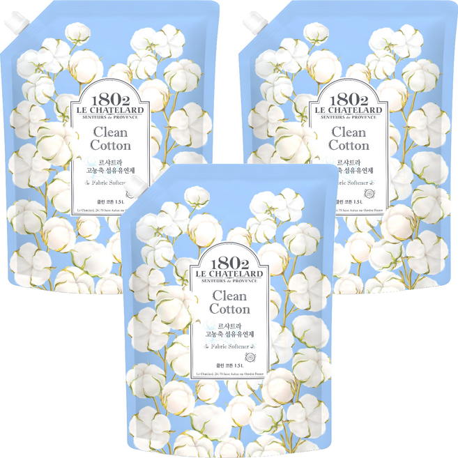 르샤트라1802 고농축 섬유유연제 클린 코튼 리필, 1.5L, 3개