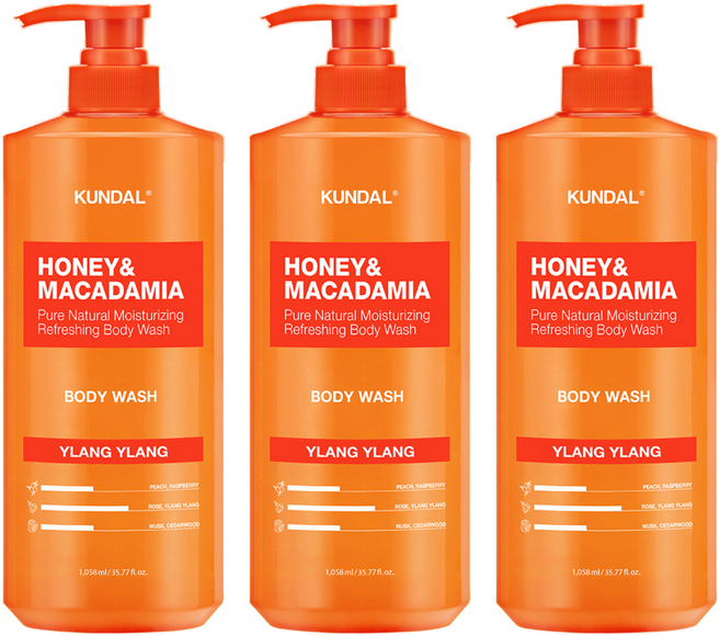 쿤달 허니 앤 마카다미아 퓨어 바디워시 일랑일랑향, 1.058L, 3개