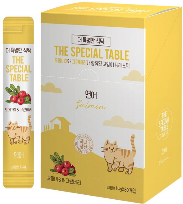 더특별한식탁 고양이 오메가3와 크랜베리가 함유된 촉촉 퓨레스틱 간식, 연어, 14g, 30개