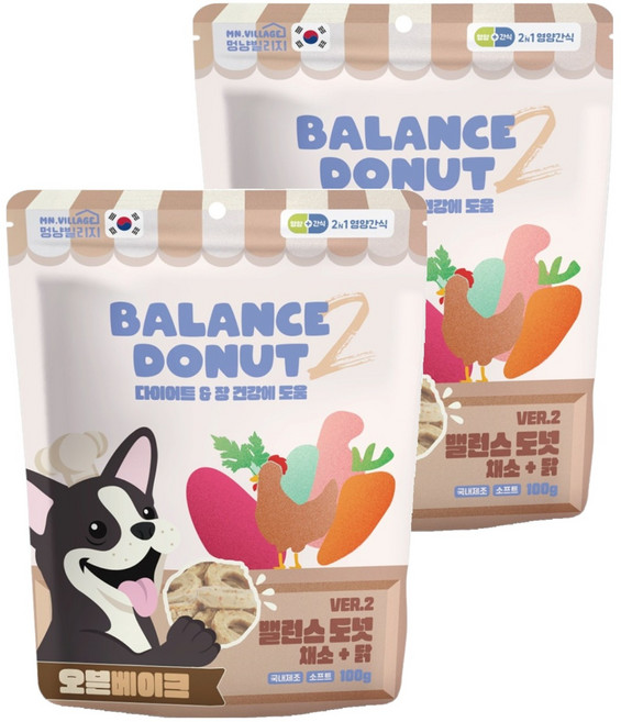 멍냥빌리지 강아지 밸런스도넛 가수분해 간식, 혼합맛(채소/닭), 100g, 2개