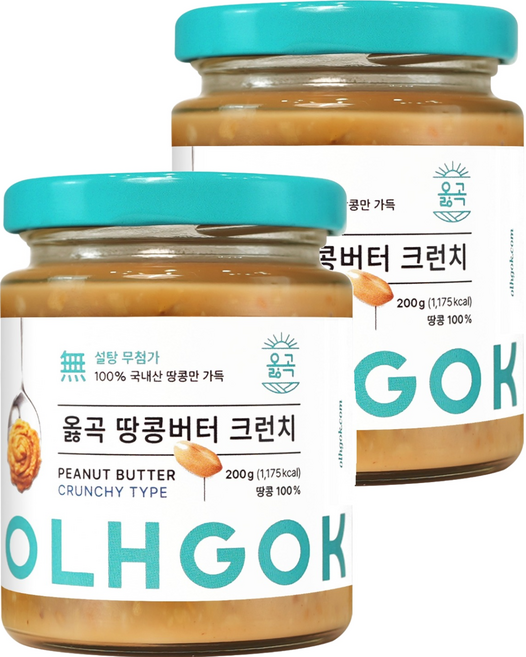 옳곡 100% 국내산 땅콩버터 크런치, 200g, 2개