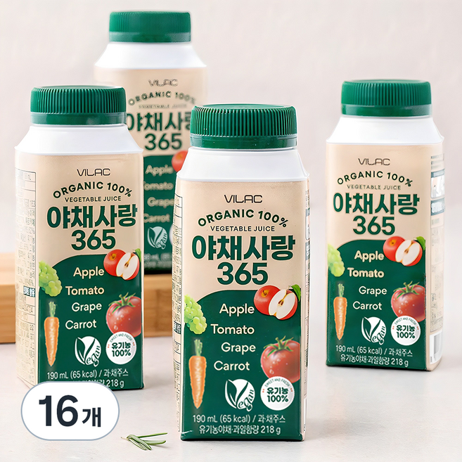 비락 유기가공식품 인증 야채사랑 365 주스, 190ml, 16개