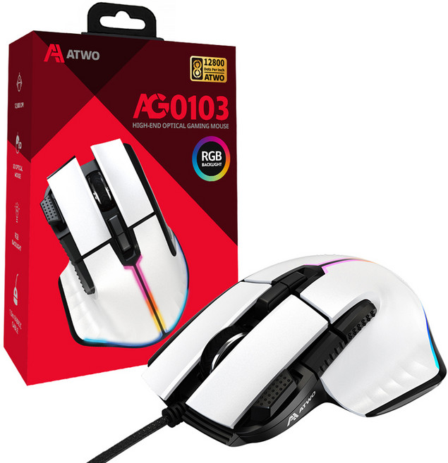 에이투 고감도 LED 유선 USB 게이밍 마우스, AG0103, 화이트
