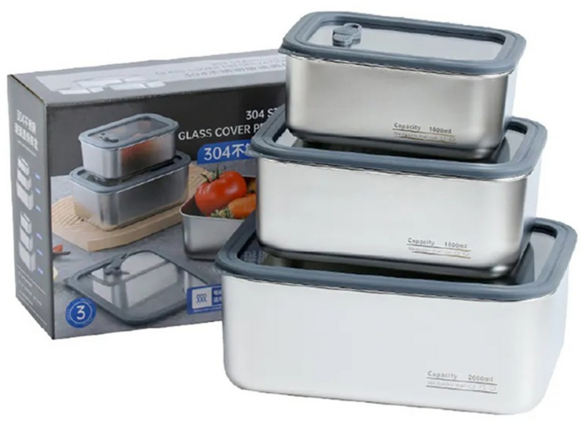 玻璃蓋不鏽鋼保鮮盒3件組 可微波 深款, 1個容器 + 1個蓋子, 1組