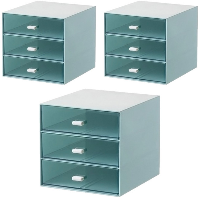 투명 서랍 사각 정리 수납장, 블루, 3단