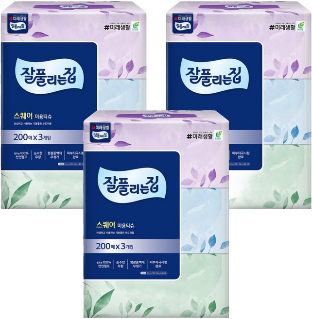 잘풀리는집 스퀘어 천연펄프 미용티슈 2겹, 200매입, 9개