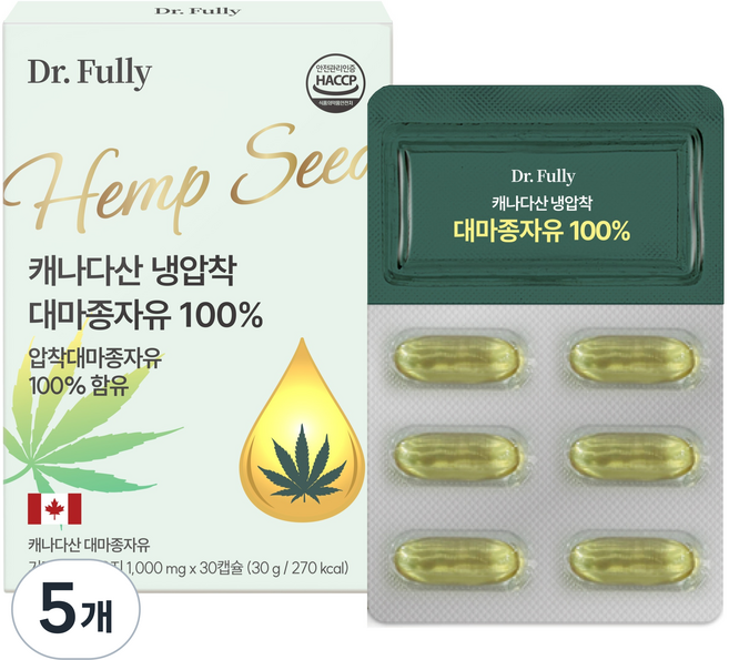 닥터풀리 캐나다산 냉압착 대마종자유 100%, 30정, 5개