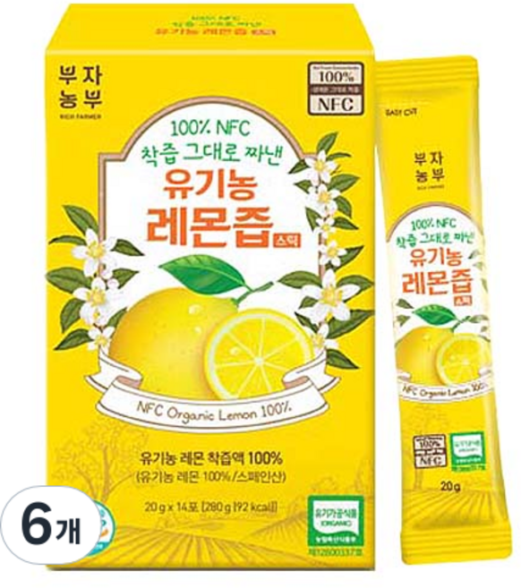부자농부 100% NFC 착즙 그대로 짜낸 유기농 레몬즙 스틱, 280g, 6개