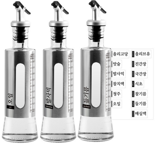 이우아여사 304스텐 유리 오일병 3p + 스티커 13종 세트, 320ml, 1세트