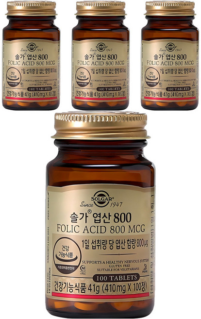 SOLGAR 葉酸補充錠 800mcg, 100錠, 4罐