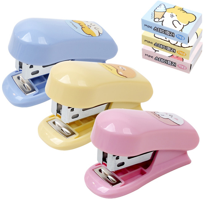 포포팬시 2000 햄치 미니 스테이플러 3종 + 33호침 3종, 옐로우, 블루, 핑크, 1세트