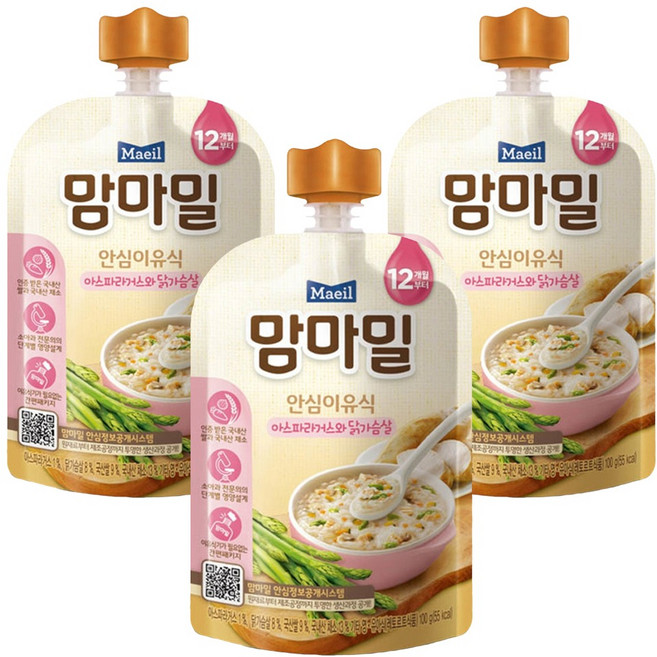 맘마밀 안심 이유식 12개월부터, 아스파라거스와 닭가슴살, 100g, 3개