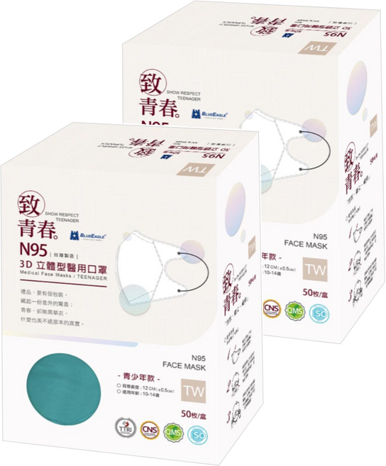 BLUE EAGLE 藍鷹牌 青少年N95立體型醫用口罩, 50片, 2盒, 蒼海藍