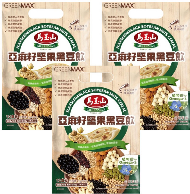 馬玉山 亞麻籽堅果黑豆飲, 3袋, 336g