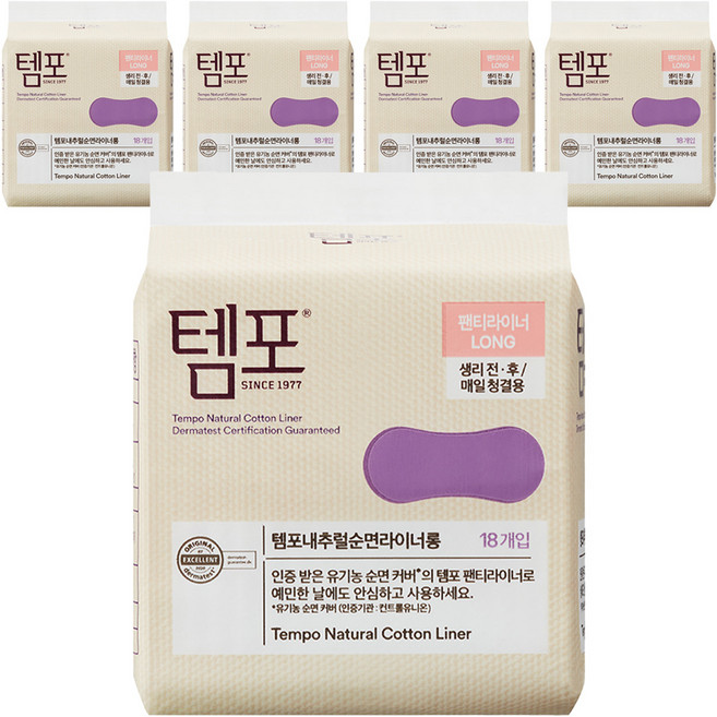 템포 내추럴 순면 팬티라이너, 롱, 18개입, 5개