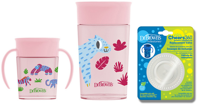 닥터브라운 아동용 NEW 정글 360도 흘림방지 트레이닝 손잡이 컵 2종 200ml 300ml + 실리콘 교체킷 세트, 핑크, 1세트
