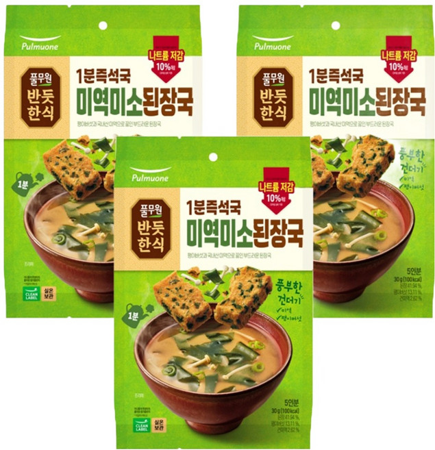 풀무원 1분즉석국 미역미소된장국, 30g, 3개