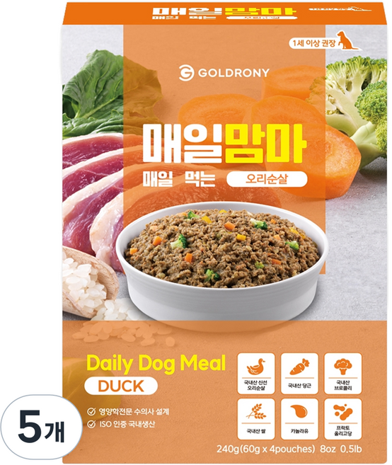 골드로니 1세이상 강아지 매일맘마 순살 화식사료, 오리, 240g, 5개