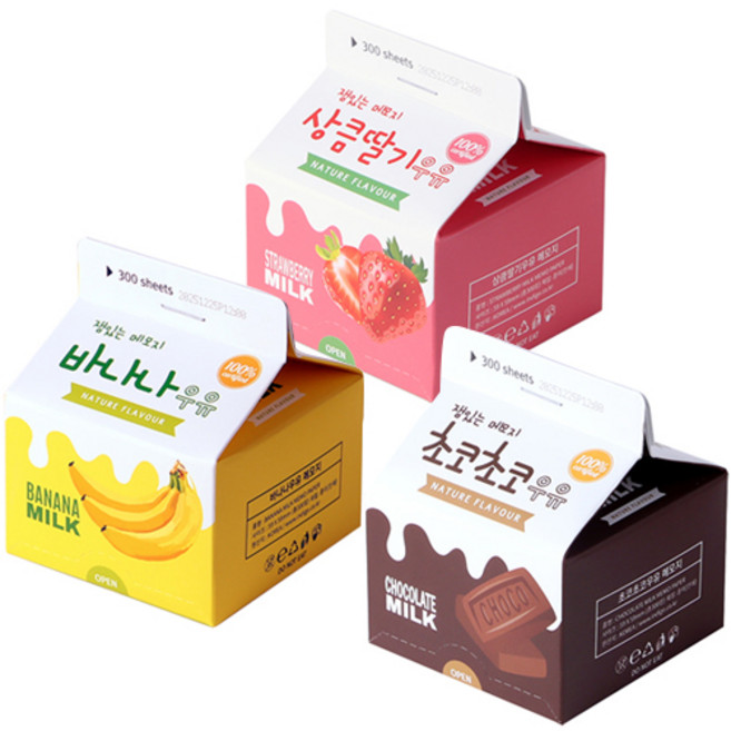 인디케이 우유 메모지 300매 3종 세트, 상큼딸기 + 바나나 + 초코초코, 1세트