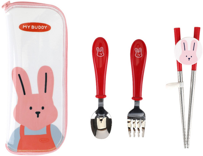 데일리라이크 마이 버디 아동용 식기 세트, 레드, 스푼+포크+젓가락+케이스, 1개