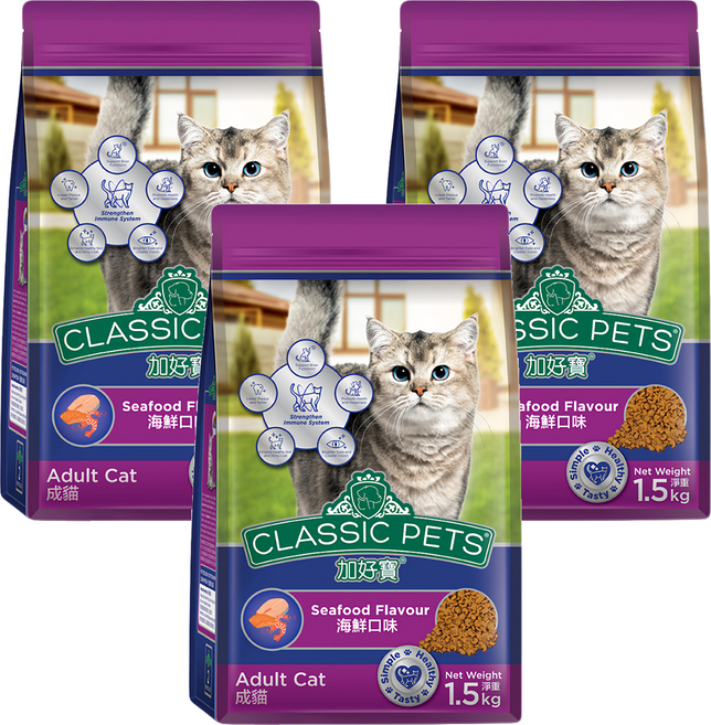 CLASSIC PETS 加好寶 成貓用 乾糧, 海鮮口味, 1.5kg, 3袋