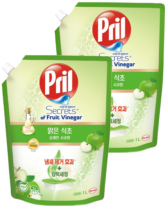 프릴 시크릿 오브 맑은식초 상쾌한 사과향 주방세제 파우치, 1L, 2개