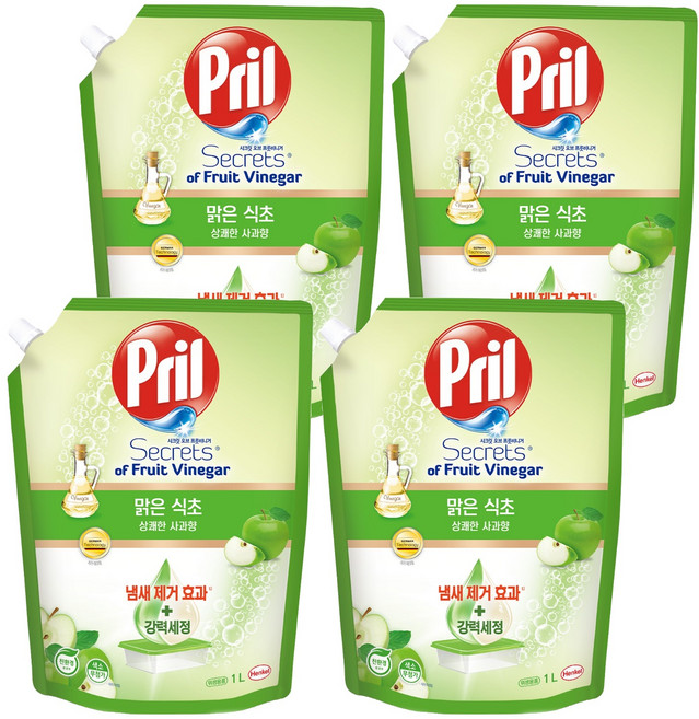 프릴 시크릿 오브 맑은식초 상쾌한 사과향 주방세제 파우치, 1L, 4개