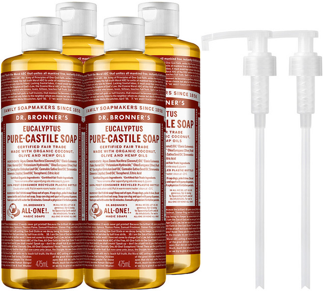 닥터브로너스 유칼립투스 퓨어 캐스틸 솝 체취 케어 페이스 앤 바디 클렌저 2p +펌프1개, 4개, 475ml