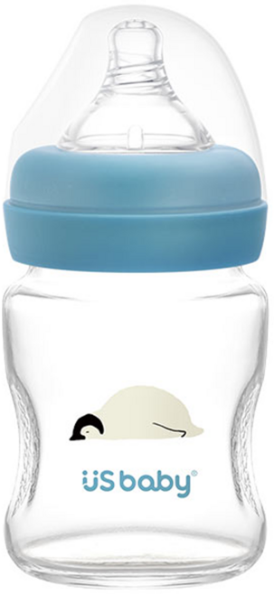 US baby 優生 真母感玻璃奶瓶 寬口徑 S 0歲以上, 企鵝 透明色 + 藍色, 120ml, 1個