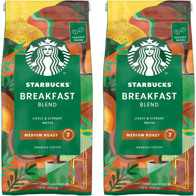 스타벅스 브렉퍼스트 블렌드 미디엄 로스트 커피원두, 홀빈(분쇄안함), 200g, 2개