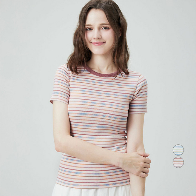 ELLEPARIS 여성용 통기성 슬림핏 스트라이프 반팔 립 티셔츠