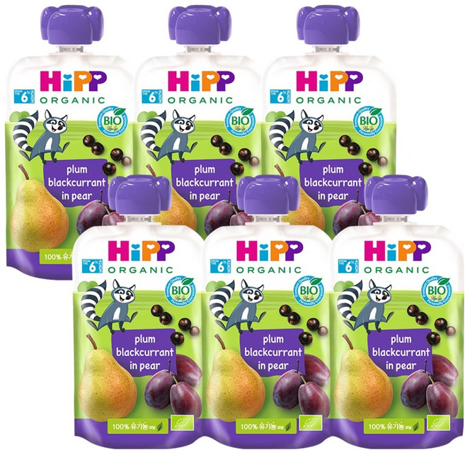 힙 유기농 과일 이유식, 혼합맛(자두/블랙커런트/배), 100g, 6개
