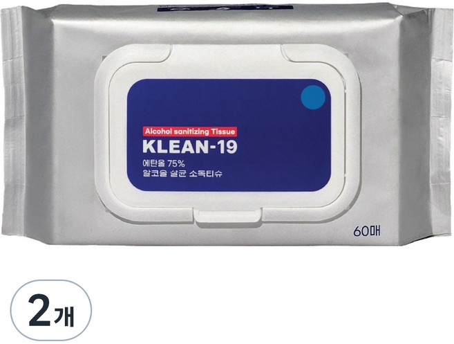 KLEAN 알코올 살균소독티슈 캡형, 2개, 60매, 45g