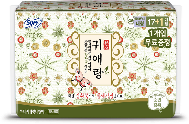 쏘피 귀애랑 생리대 날개형, 대형, 18개입, 1개