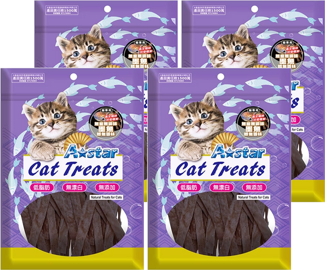 A star 貓專用無鹽無調味鱈魚香絲, 4個, 墨魚, 80g