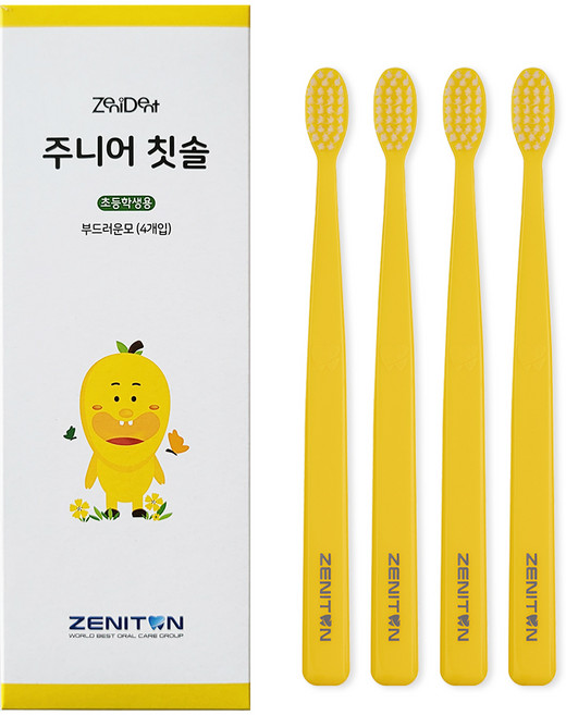 제니튼 제니덴트 주니어 칫솔 옐로우, 4개입, 1세트