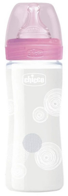 chicco 舒適哺乳 防脹氣玻璃奶瓶 小單孔, 甜美女孩, 240ml, 1個