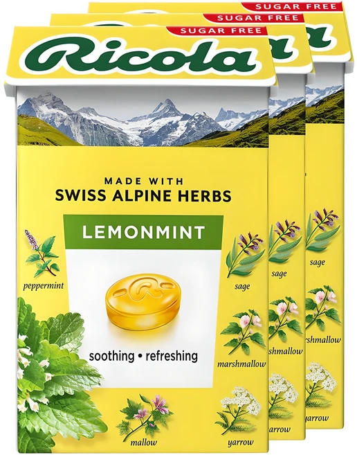 리콜라 스위스 레몬 민트 맛 허브 캔디, 40g, 3개 - 쿠팡