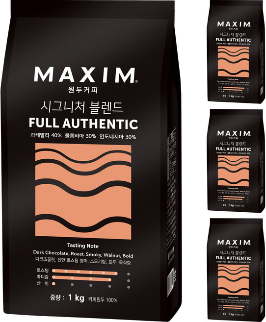 맥심 원두커피 시그니처 블렌드 풀 어센틱, 홀빈(분쇄안함), 1kg, 4개