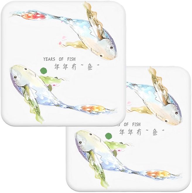 硅藻土吸水杯墊 正方形 年年有魚, 白色, 2個