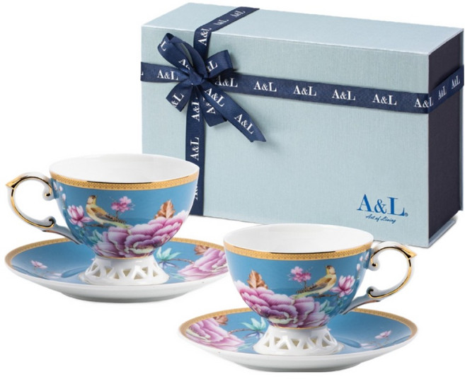 A&L 骨瓷咖啡對杯禮盒組, 花樣春曉 翠藍色, 1組