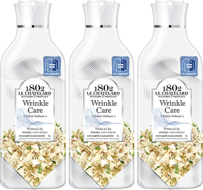 르샤트라1802 링클케어 초고농축 섬유유연제 화이트 & 릴리 본품, 1L, 3개