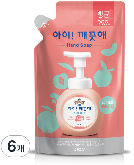아이깨끗해 항균 폼 핸드솝 모이스처라이징 복숭아향 리필형, 200ml, 6개