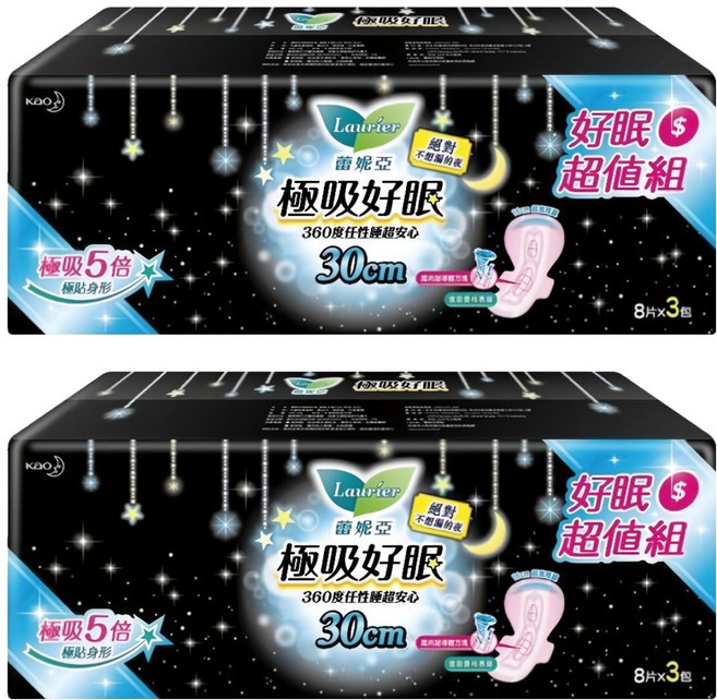 Laurier 蕾妮亞 台灣公司貨 極吸好眠衛生棉, 連續大量日用~夜用 30cm, 24片, 2包