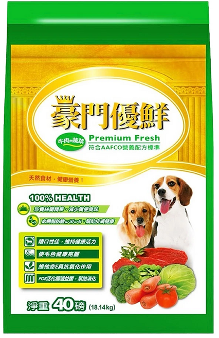 福壽實業 成犬用豪門優鮮乾糧 40磅, 1個, 18.14kg, 牛肉 + 蔬菜