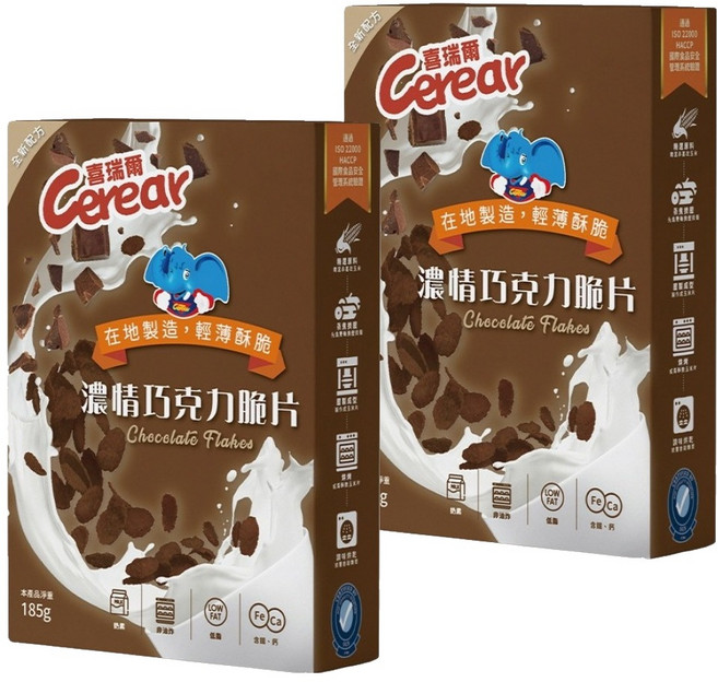 Cerear 喜瑞爾 濃情巧克力脆片 優質膳食纖維 非油炸 含鐵鈣 在地製造 輕薄酥脆, 185g, 2盒