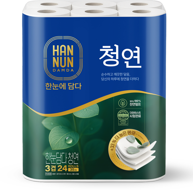 한눈담다 청연 프리미엄 3겹 고평량 천연펄프 화장지, 1개, 24롤, 35m